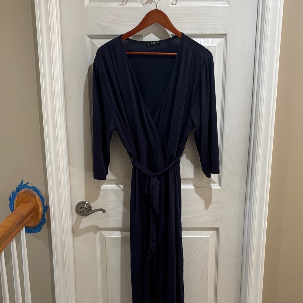 SHEIN Navy Midi Faux Wrap Dress